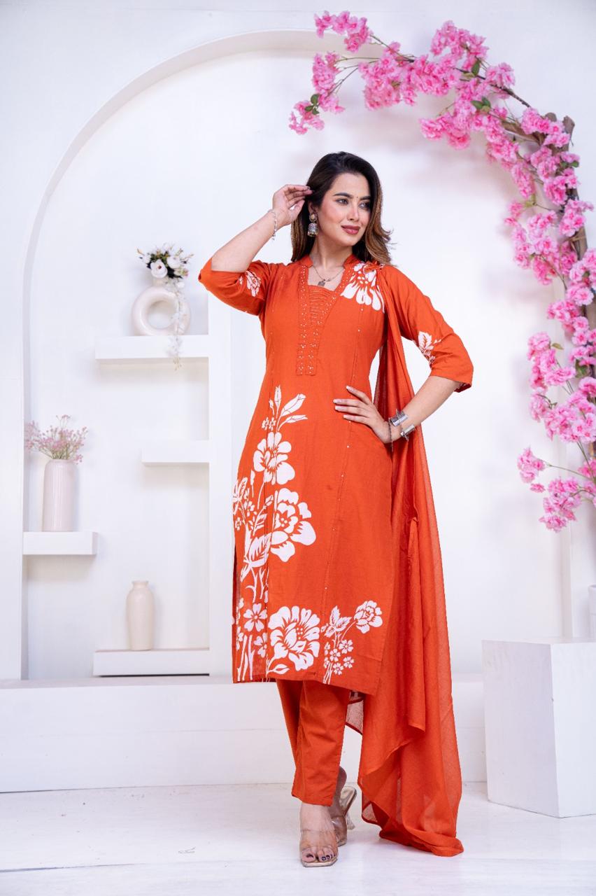 Pure Cotton Rust Colour Kurti Paints Set 3Piece (63)