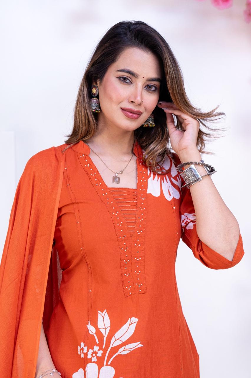 Pure Cotton Rust Colour Kurti Paints Set 3Piece (63)