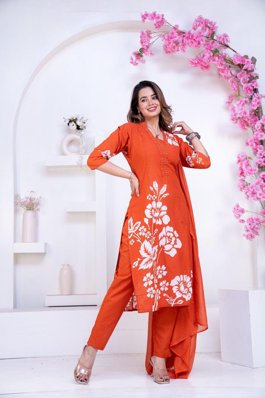 Pure Cotton Rust Colour Kurti Paints Set 3Piece (63) - Image 2