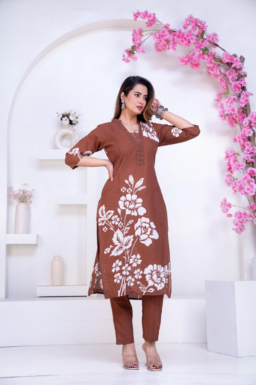 Pure Cotton Brown Colour Kurti Paints Set 3Piece (64)