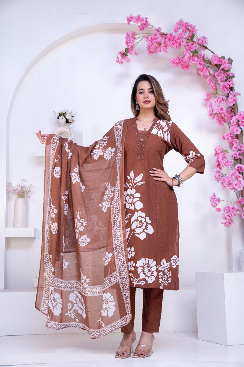Pure Cotton Brown Colour Kurti Paints Set 3Piece (64)