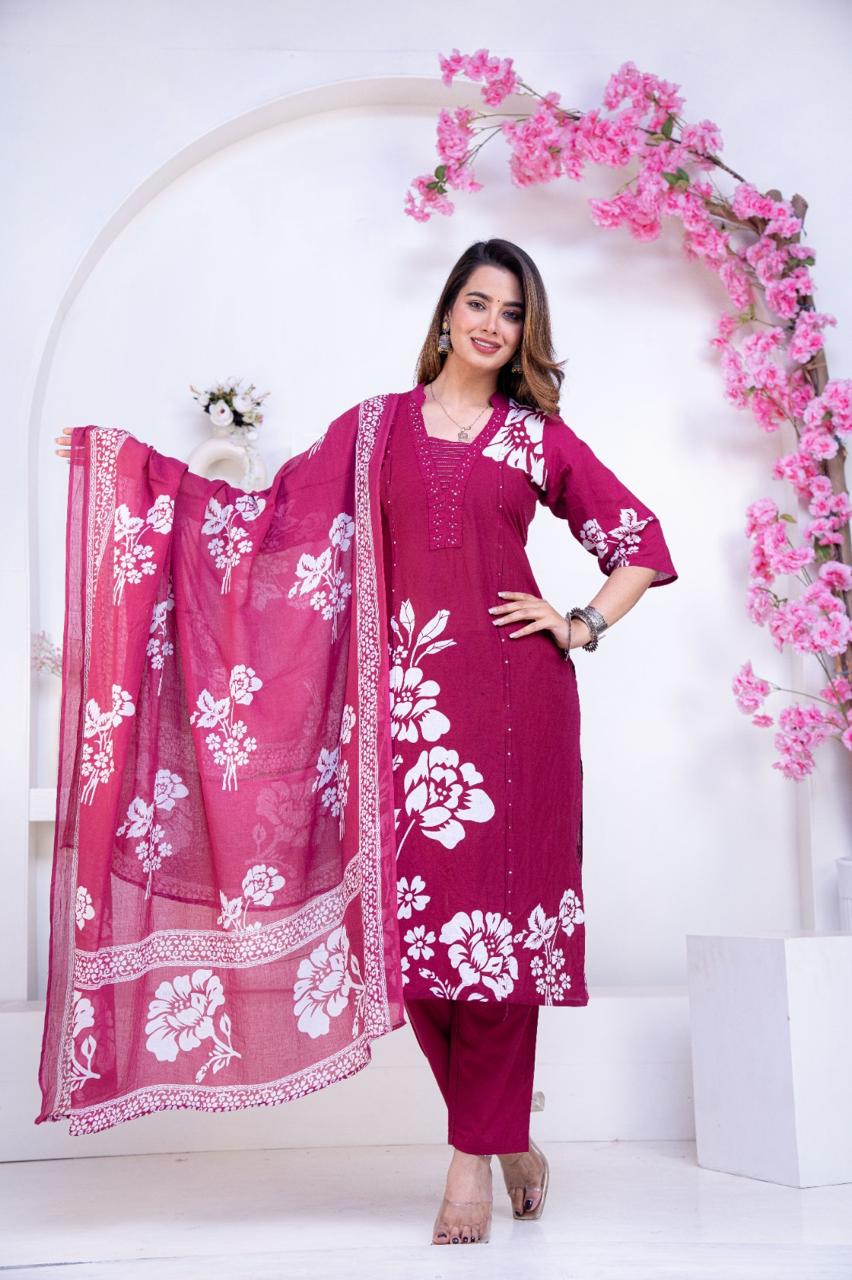 Pure Cotton Wine Colour Kurti Paints Set 3Piece (65)