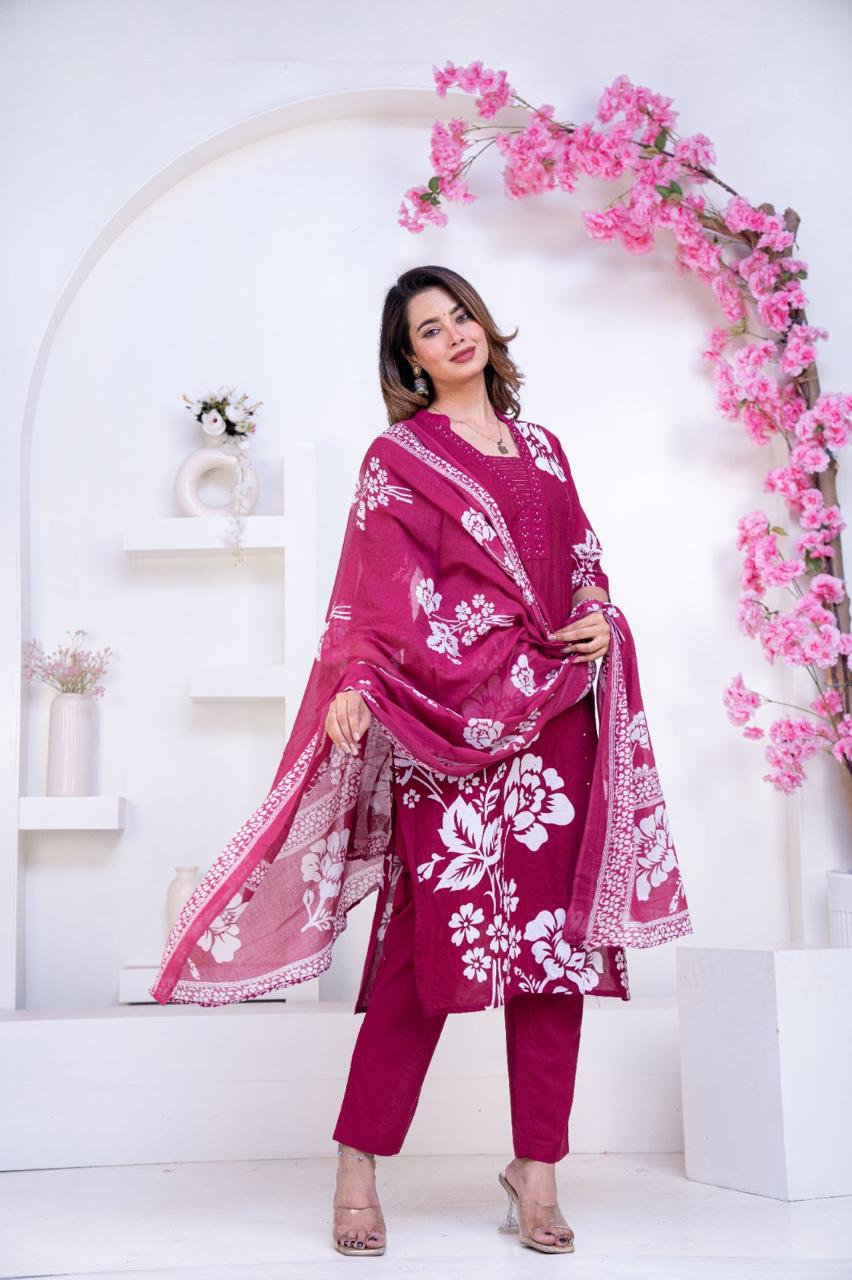 Pure Cotton Wine Colour Kurti Paints Set 3Piece (65)