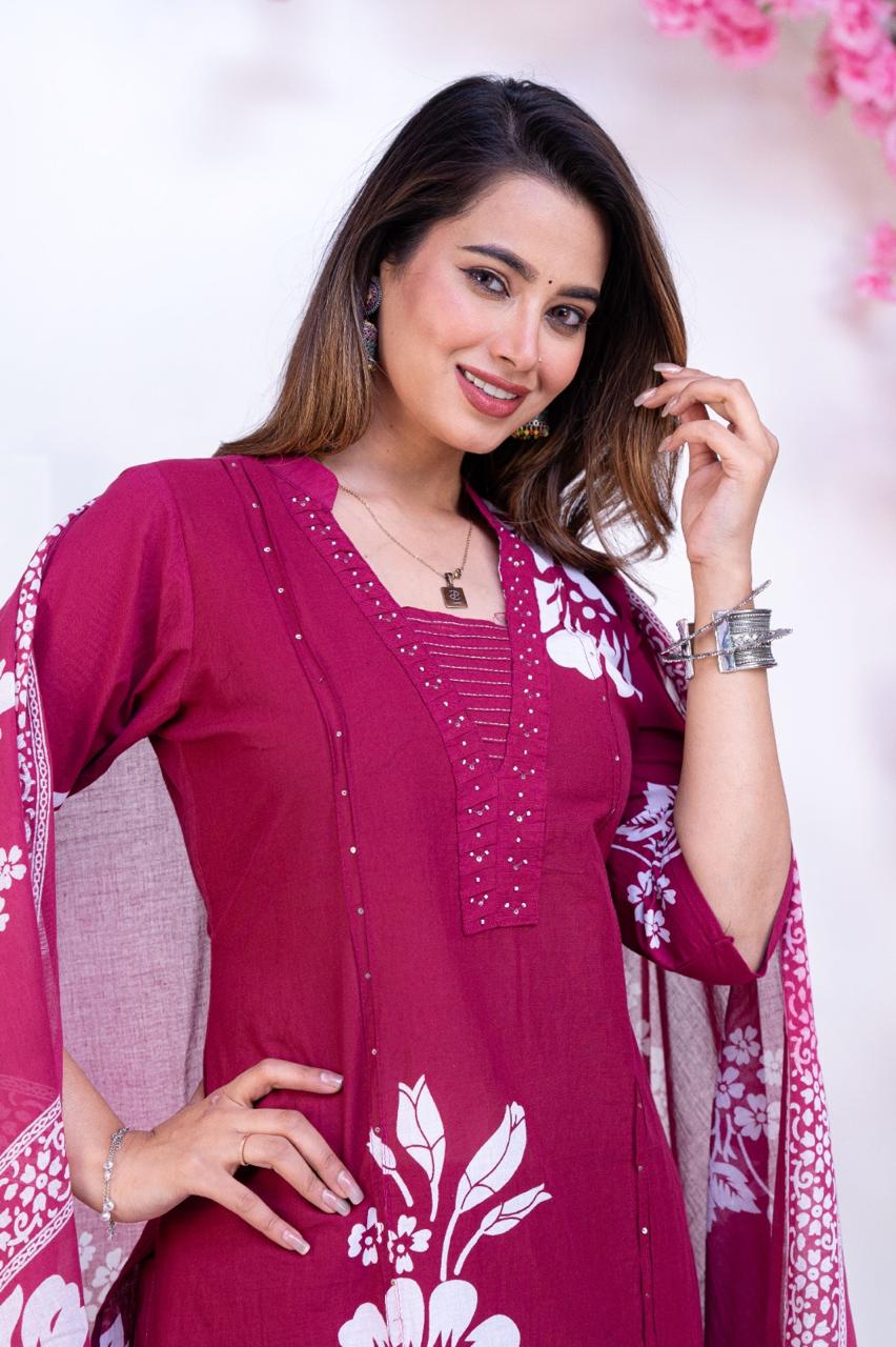 Pure Cotton Wine Colour Kurti Paints Set 3Piece (65) - Image 2