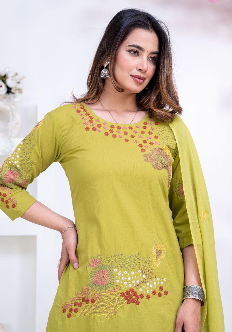 Pure Cotton Light Green Colour Kurti Paints Set 3Piece (67)