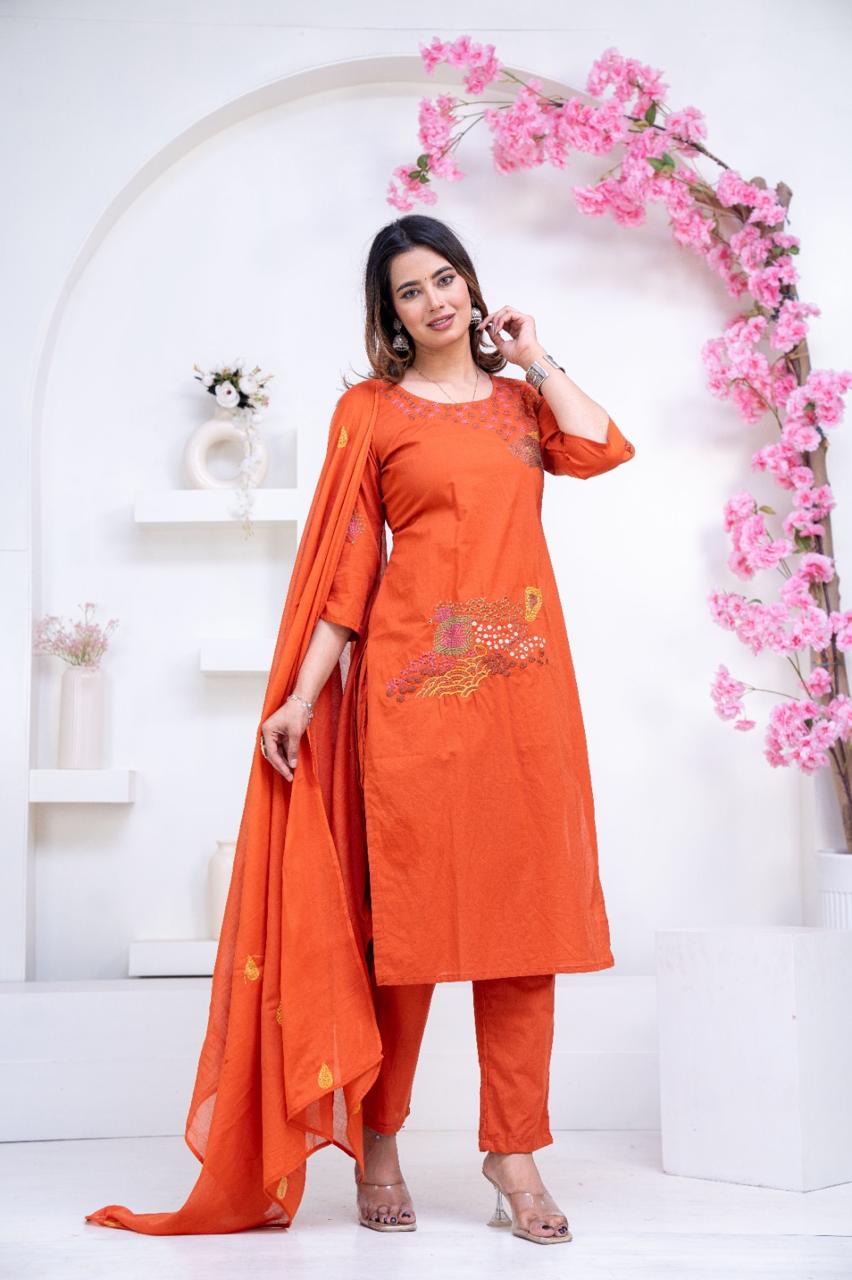 Pure Cotton Orange Colour Kurti Paints Set 3Piece (66)