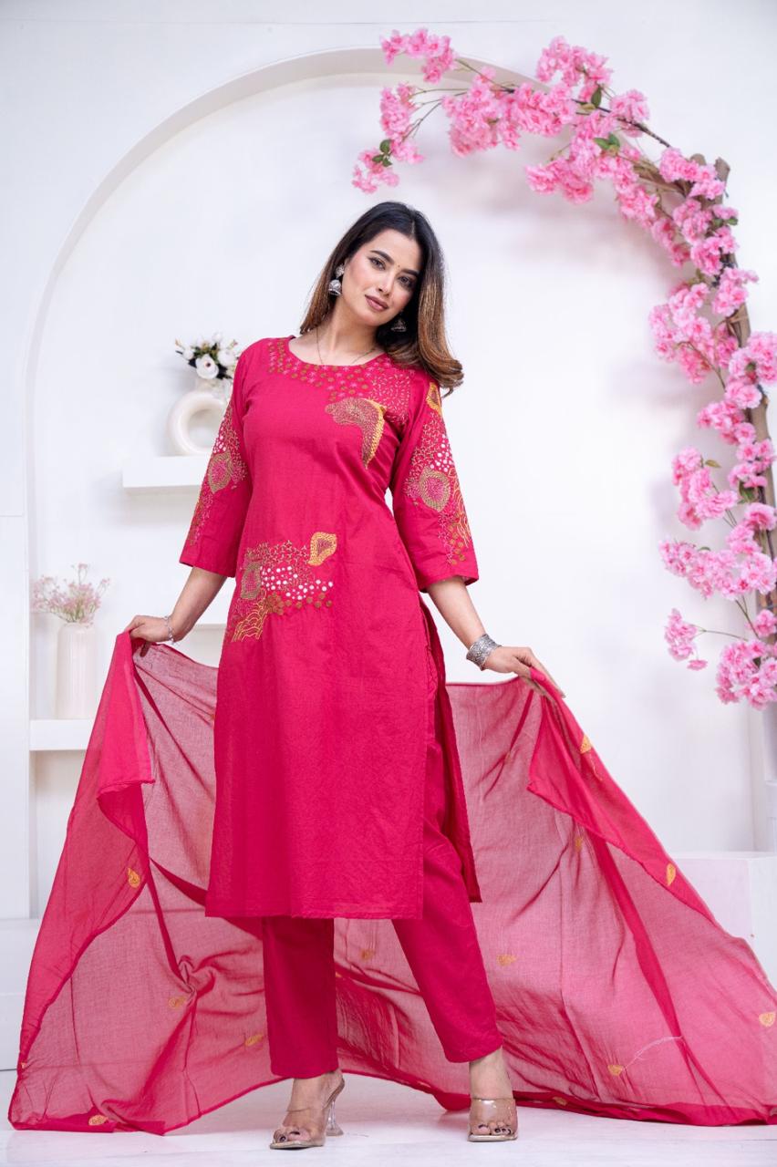 Pure Cotton Pink Colour Kurti Paints Set 3Piece (68) - Image 2