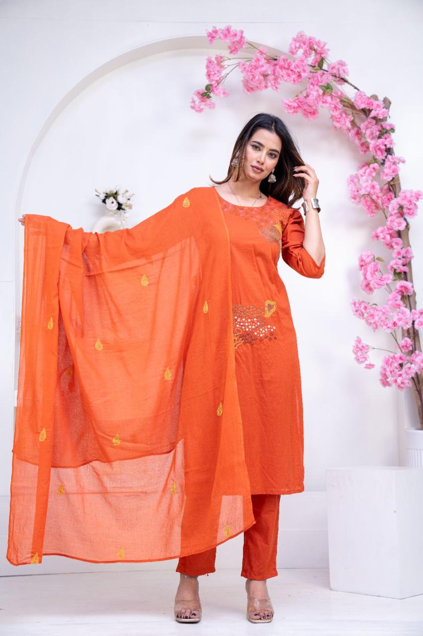 Pure Cotton Orange Colour Kurti Paints Set 3Piece (66)