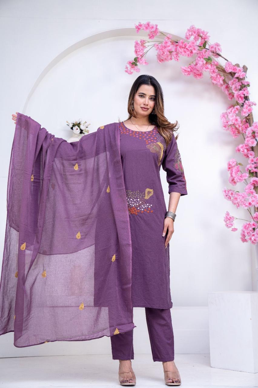 Pure Cotton Purple Colour Kurti Paints Set 3Piece (69)