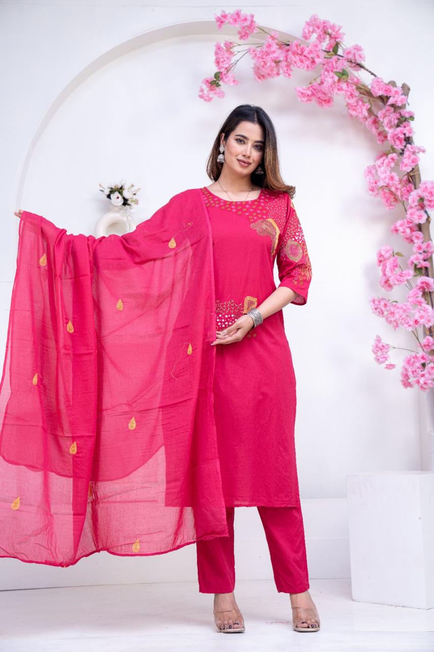 Pure Cotton Pink Colour Kurti Paints Set 3Piece (68)