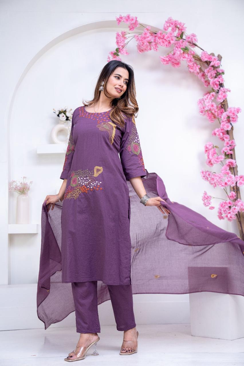 Pure Cotton Purple Colour Kurti Paints Set 3Piece (69)