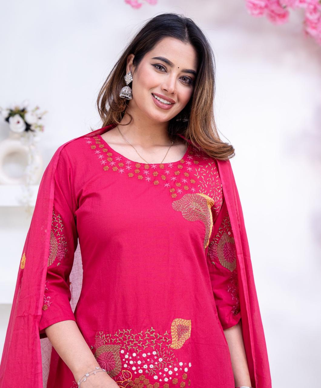 Pure Cotton Pink Colour Kurti Paints Set 3Piece (68)