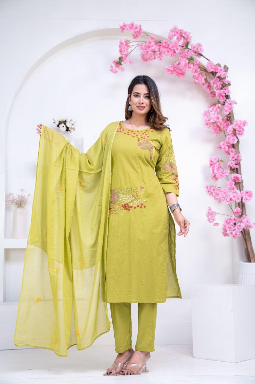 Pure Cotton Light Green Colour Kurti Paints Set 3Piece (67) - Image 2