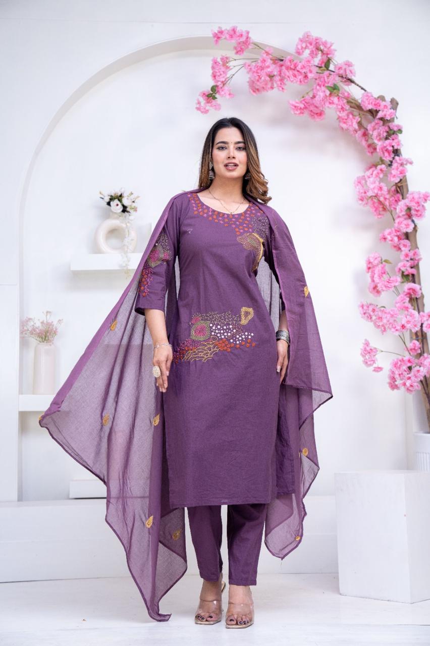 Pure Cotton Purple Colour Kurti Paints Set 3Piece (69) - Image 2