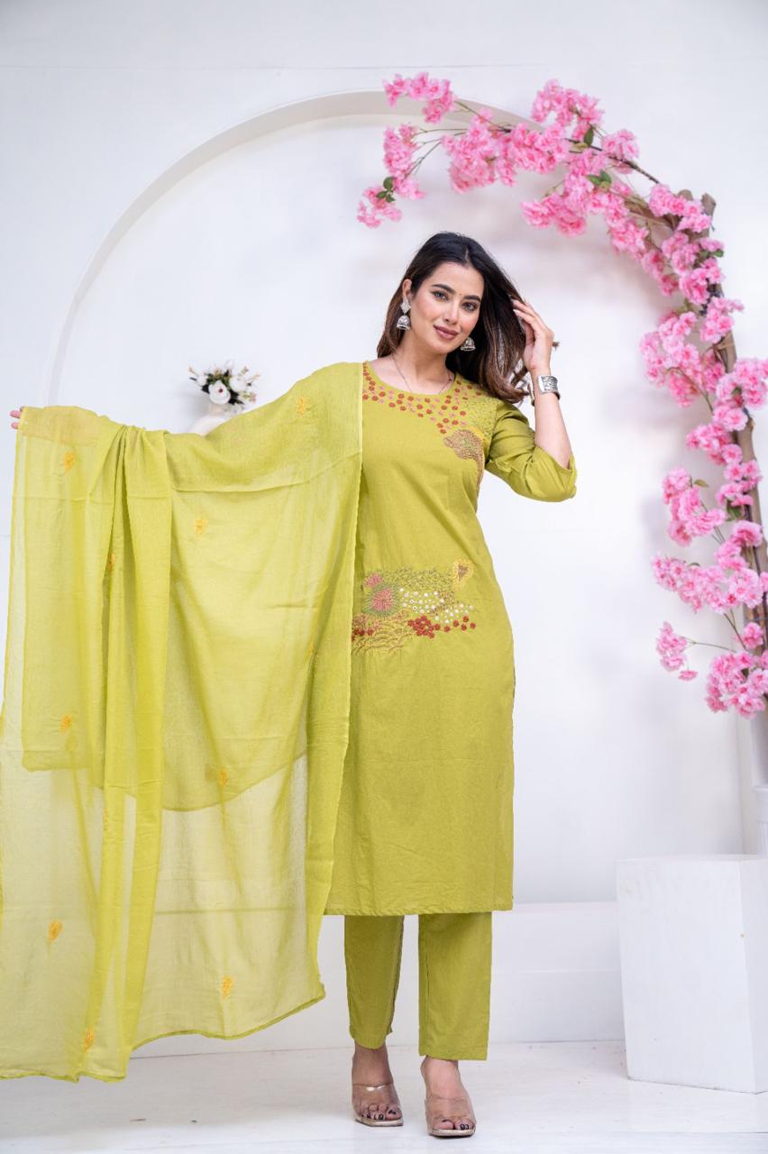 Pure Cotton Light Green Colour Kurti Paints Set 3Piece (67)