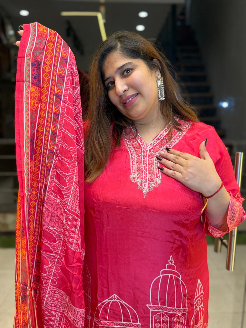 Pure Crap Traditional Print Piche Colour Hand Work Kurti Set With Dupata Paints (27)