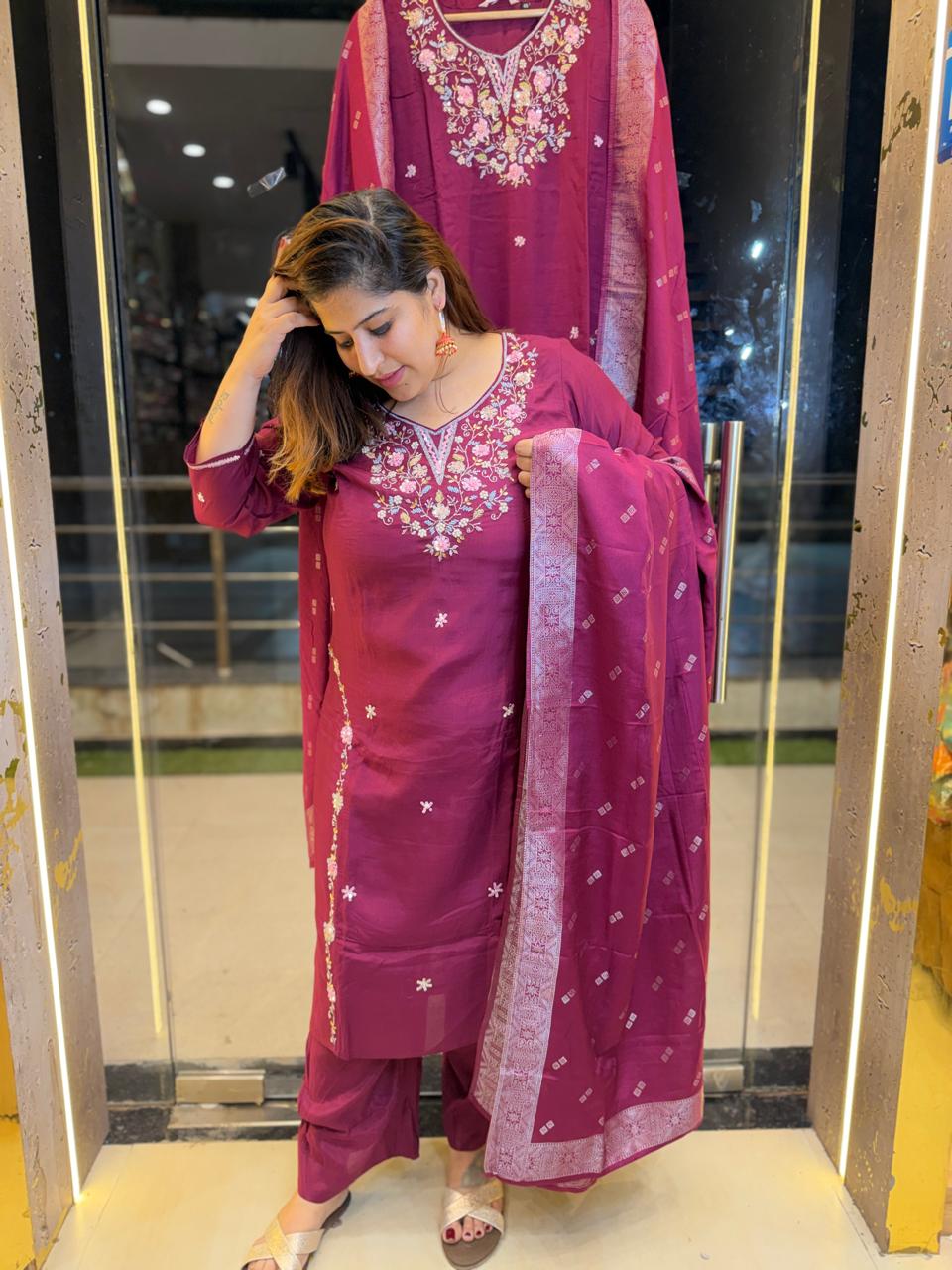 Pure Chinoon Hand Work Straight A-line Suit Wine Colour (34)