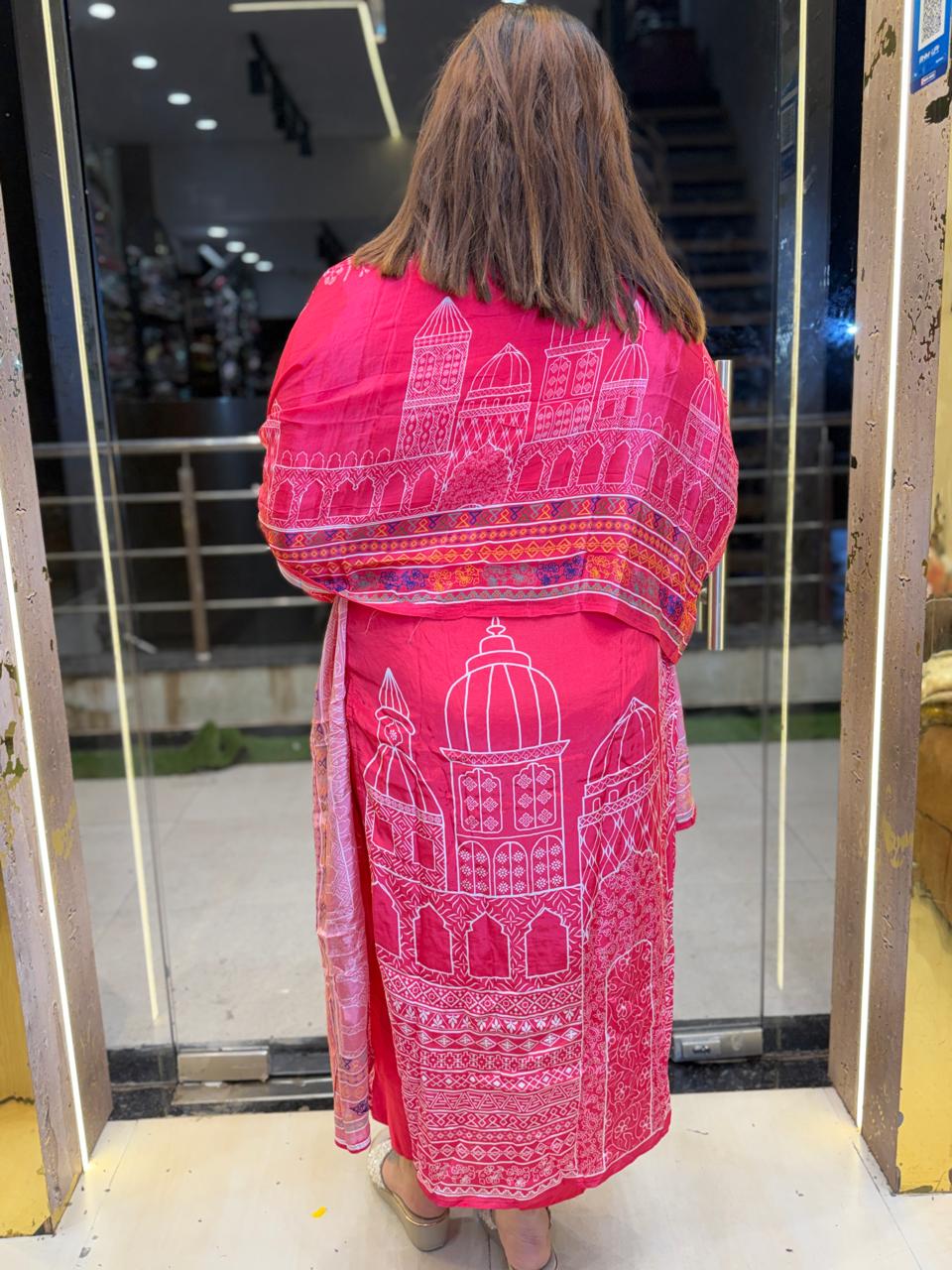 Pure Crap Traditional Print Piche Colour Hand Work Kurti Set With Dupata Paints (27) - Image 3