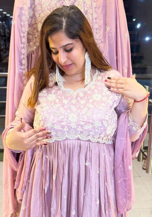 Levender Light Colour Pure Chinoon Heavy Gown With Preamium Thread Work (39)