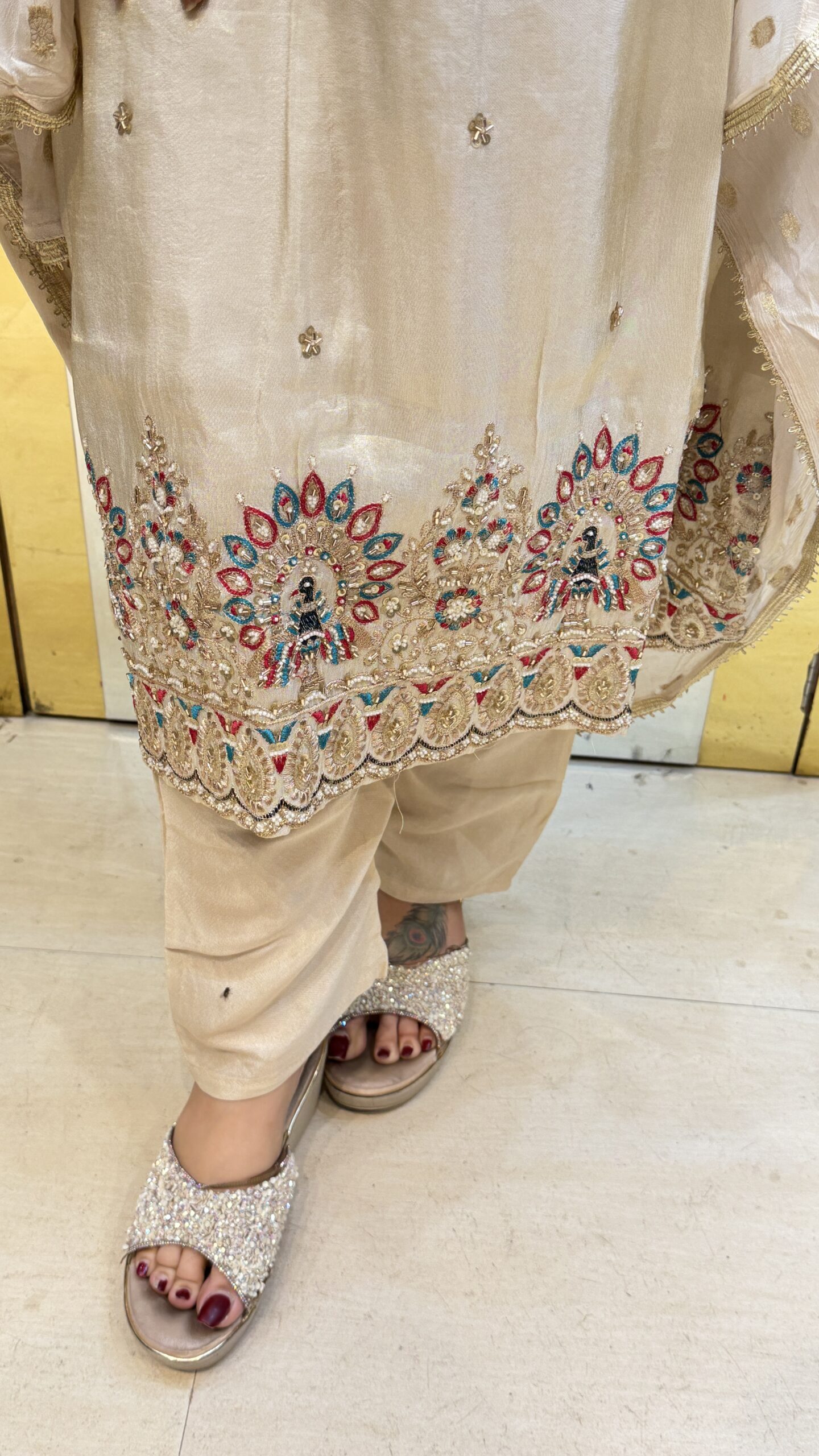 Ivory Colour Mull Chanderi Febric With secuence figer cutdani work 3 Piece Party Wear (90) - Image 2