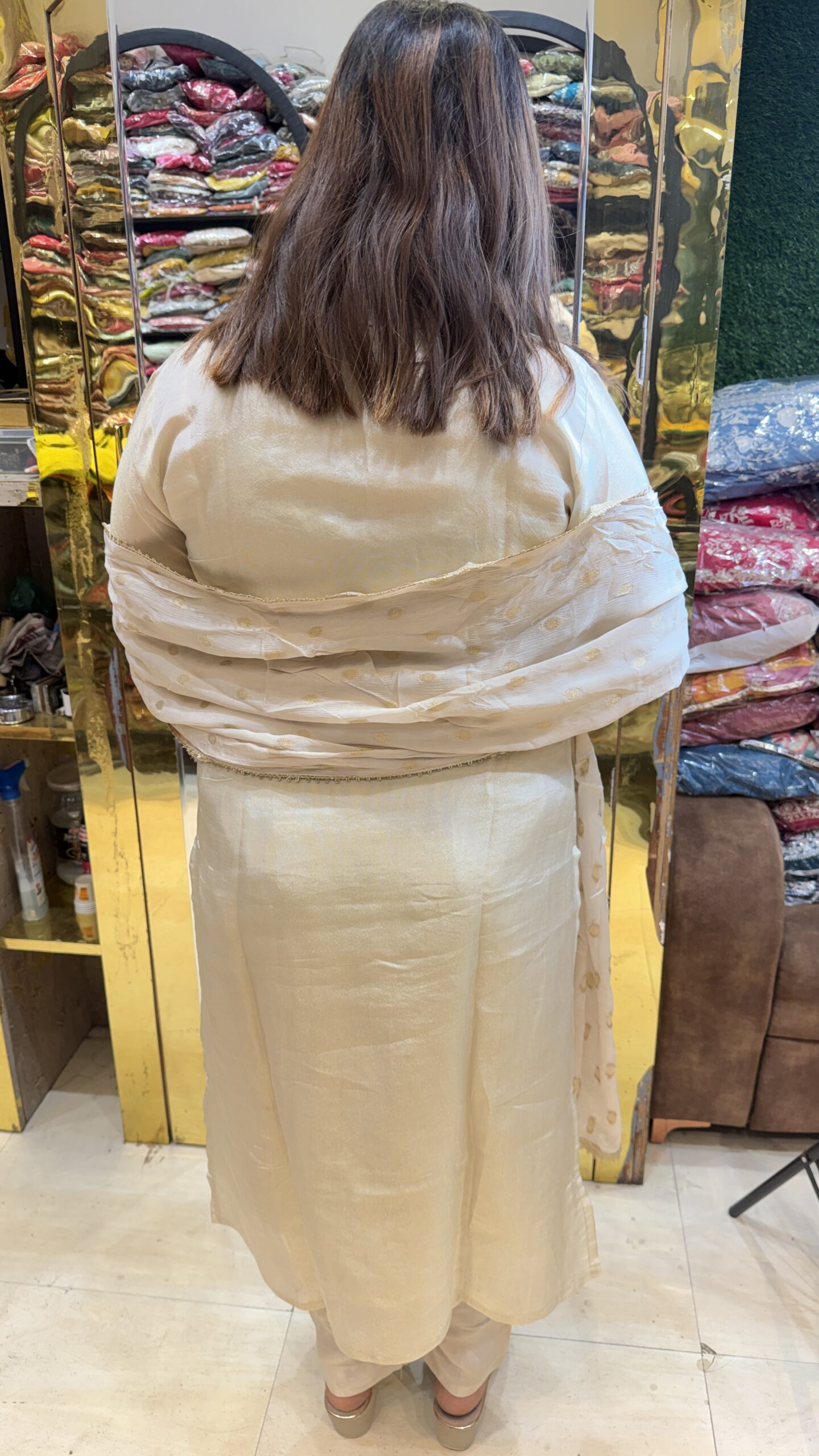 Ivory Colour Mull Chanderi Febric With secuence figer cutdani work 3 Piece Party Wear (90) - Image 3