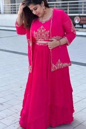 Rani Pink Colour Chinoon Febric With Stone Work 3 Piece Party Wear (89)