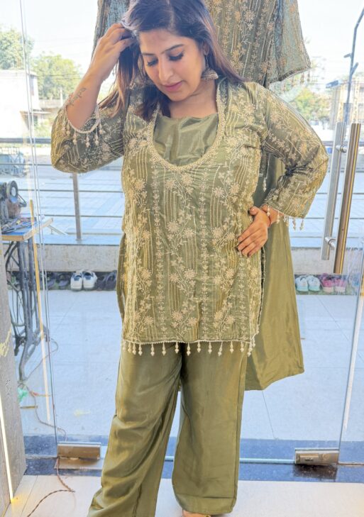 Pure Silk Olive Green Colour 2 Piece Party Wear (83)