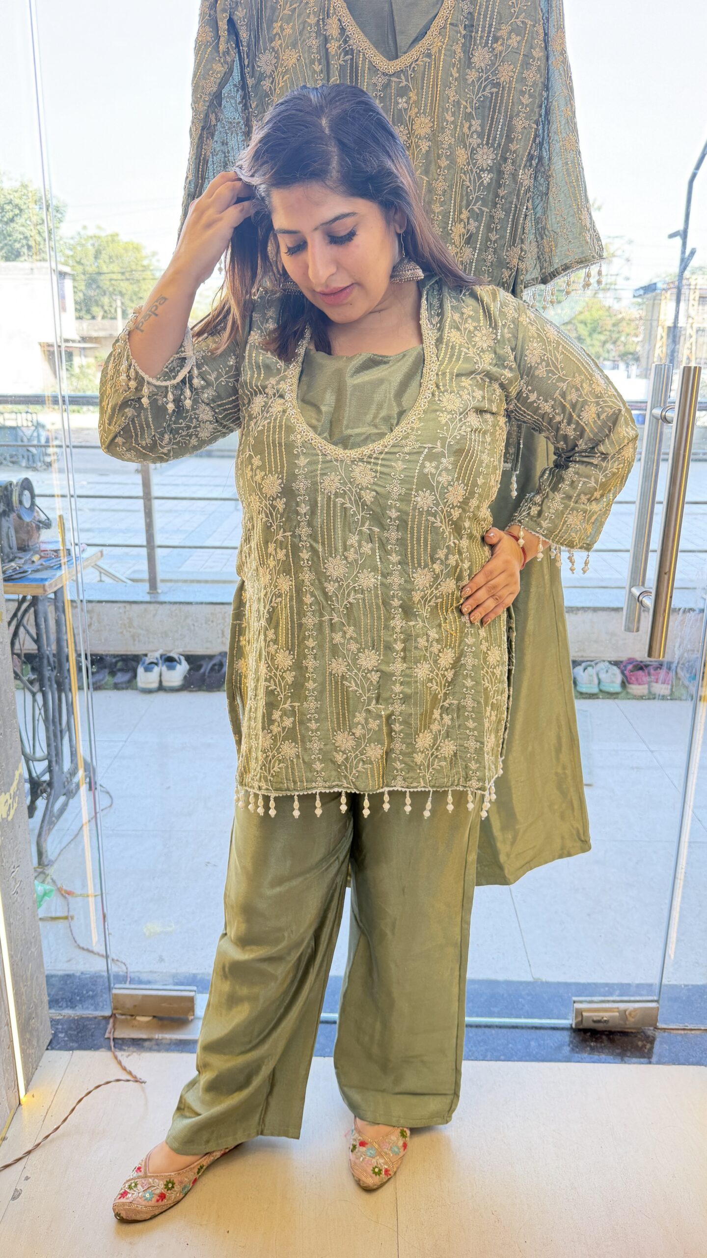 Pure Silk Olive Green Colour 2 Piece Party Wear (83)