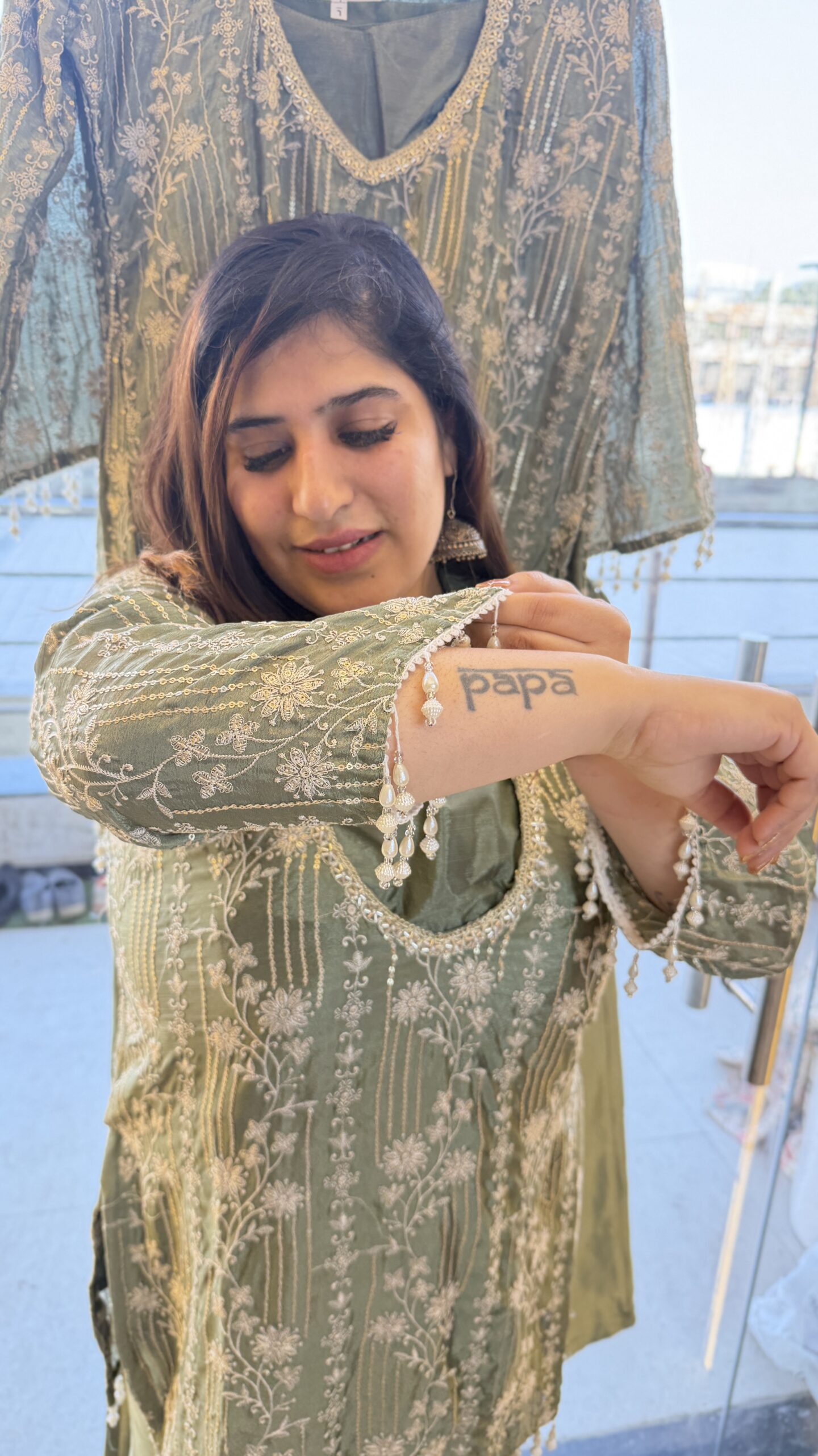 Pure Silk Olive Green Colour 2 Piece Party Wear (83)