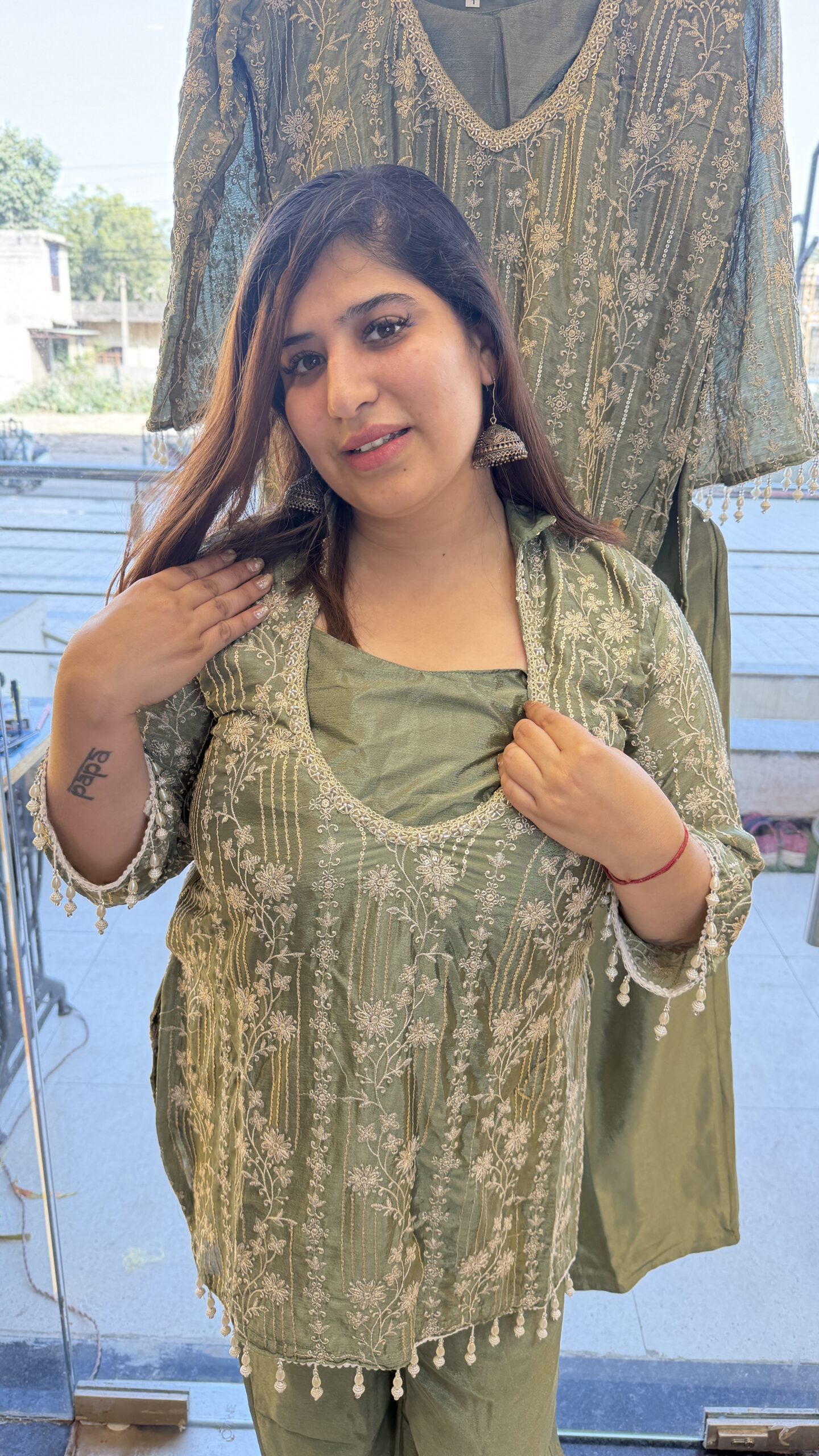 Pure Silk Olive Green Colour 2 Piece Party Wear (83) - Image 2