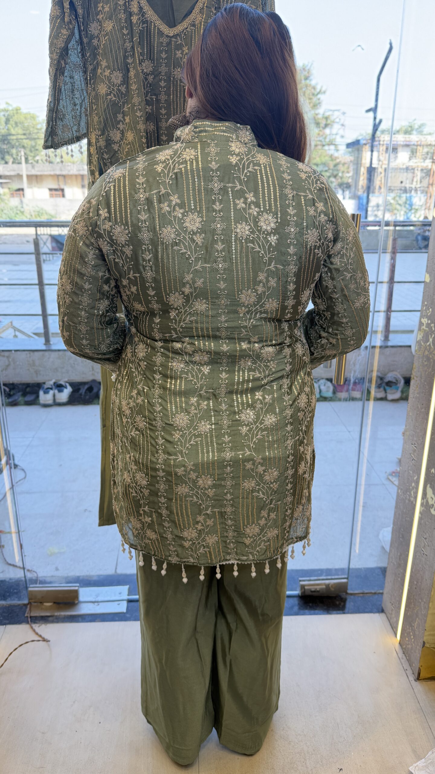 Pure Silk Olive Green Colour 2 Piece Party Wear (83) - Image 3