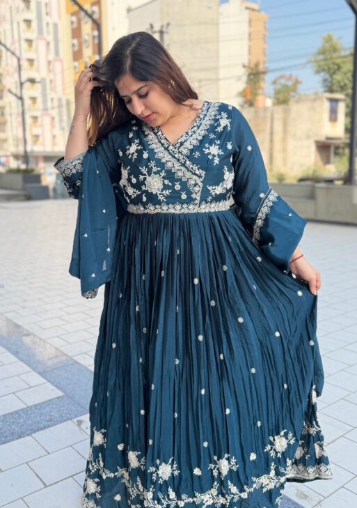 Pure Chinoon Tel-Green Colour Thread Work Gown Party Wear (84)