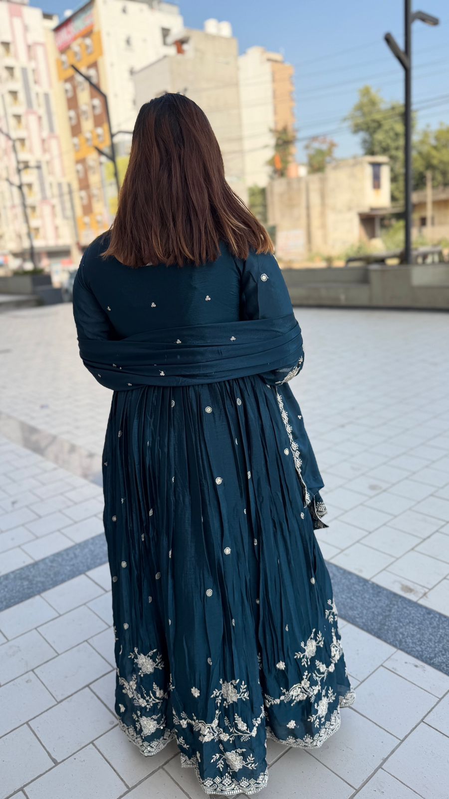 Pure Chinoon Tel-Green Colour Thread Work Gown Party Wear (84) - Image 3