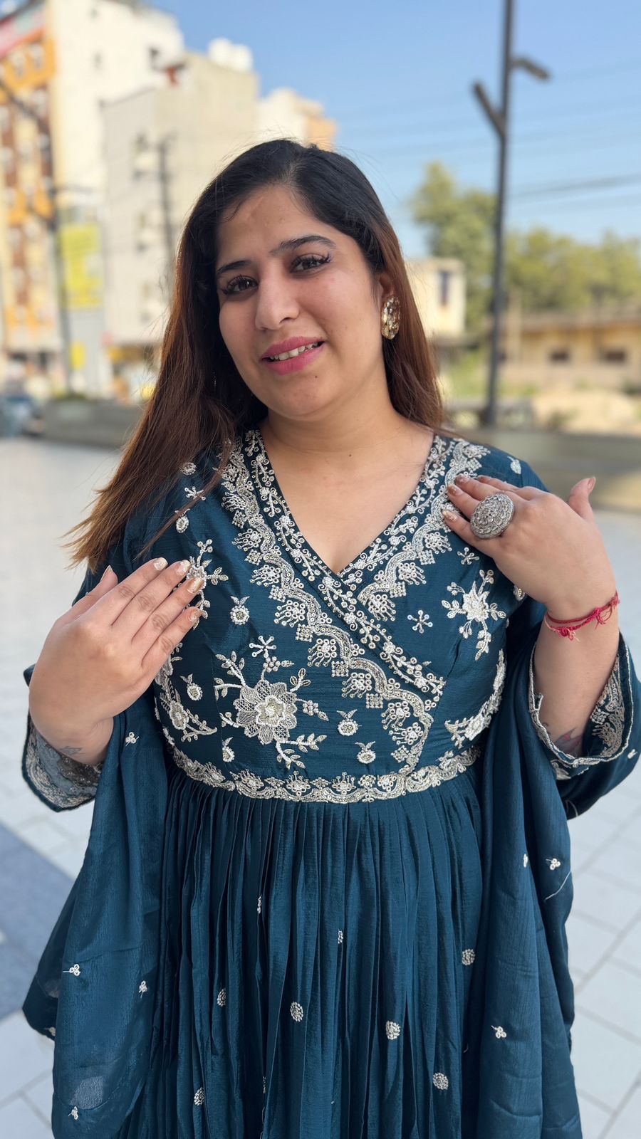 Pure Chinoon Tel-Green Colour Thread Work Gown Party Wear (84) - Image 2