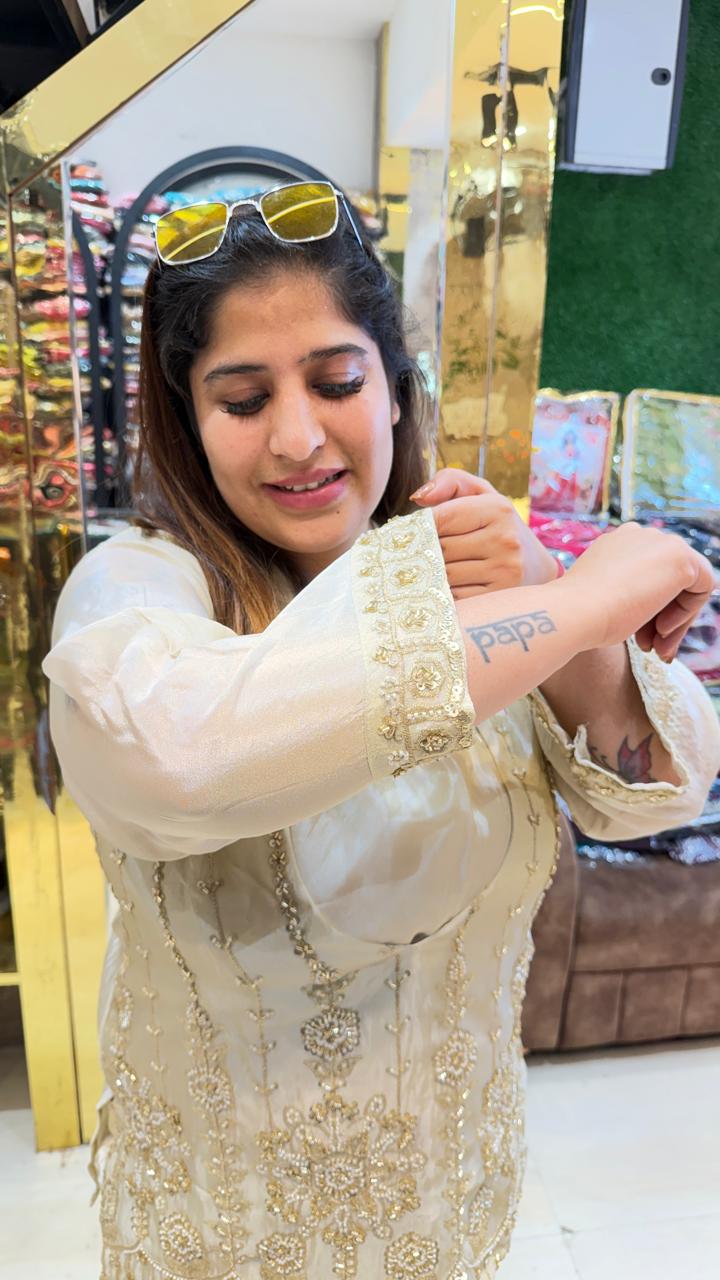 Pure Roman Silk White Colour Cord-Sets Indowestern Party Wear (88) - Image 1