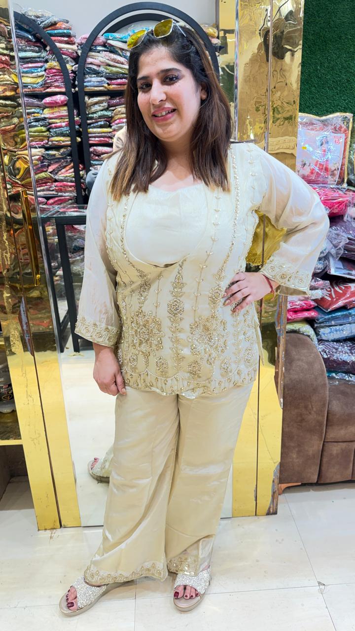 Pure Roman Silk White Colour Cord-Sets Indowestern Party Wear (88)