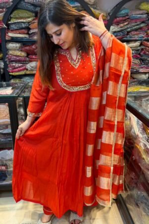 Rust Colour Mull Chanderi Febric 3 Piece Party Wear (91)