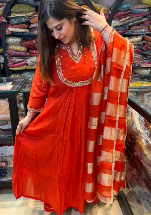 Rust Colour Mull Chanderi Febric 3 Piece Party Wear (91)