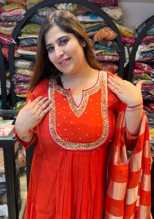 Rust Colour Mull Chanderi Febric 3 Piece Party Wear (91)