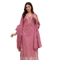 ANNI Designer Pure Cotton Embroidered Kurta Set for Women | Rust Orange Kurta with Pants & Dupatta | Floral Neck & Hem Embroidery | Cotton Kurta Set for Women | 10 Colour Options Availablec