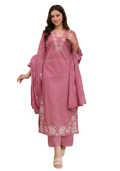 ANNI Designer Pure Cotton Embroidered Kurta Set for Women | Rust Orange Kurta with Pants & Dupatta | Floral Neck & Hem Embroidery | Cotton Kurta Set for Women | 10 Colour Options Availablec