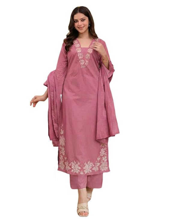 ANNI Designer Pure Cotton Embroidered Kurta Set for Women | Rust Orange Kurta with Pants & Dupatta | Floral Neck & Hem Embroidery | Cotton Kurta Set for Women | 10 Colour Options Availablec