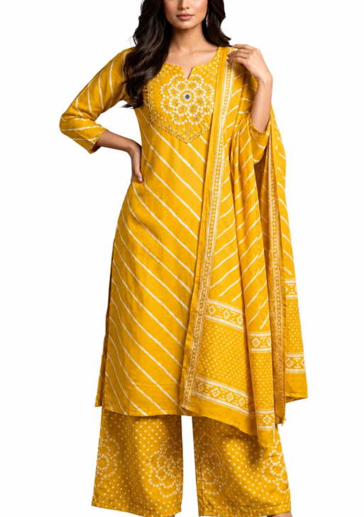 Women's Mustard Yellow Embroidered Kurta Set with Palazzo & Dupatta