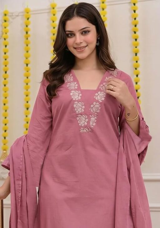 ANNI Designer Pure Cotton Embroidered Kurta Set for Women | Rust Orange Kurta with Pants & Dupatta | Floral Neck & Hem Embroidery | Cotton Kurta Set for Women | 10 Colour Options Availablec