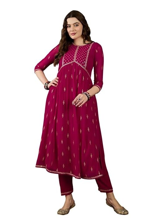 SheWill Kurta Set for Women Chanderi Foil Printed Kurta Set with Pant Set