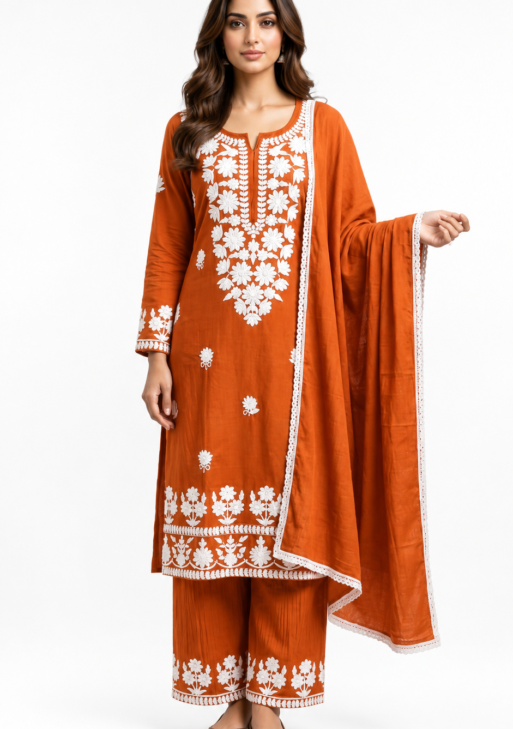 Women's Orange Cotton Chikankari Embroidered Straight Kurta Palazzo & Dupatta Set