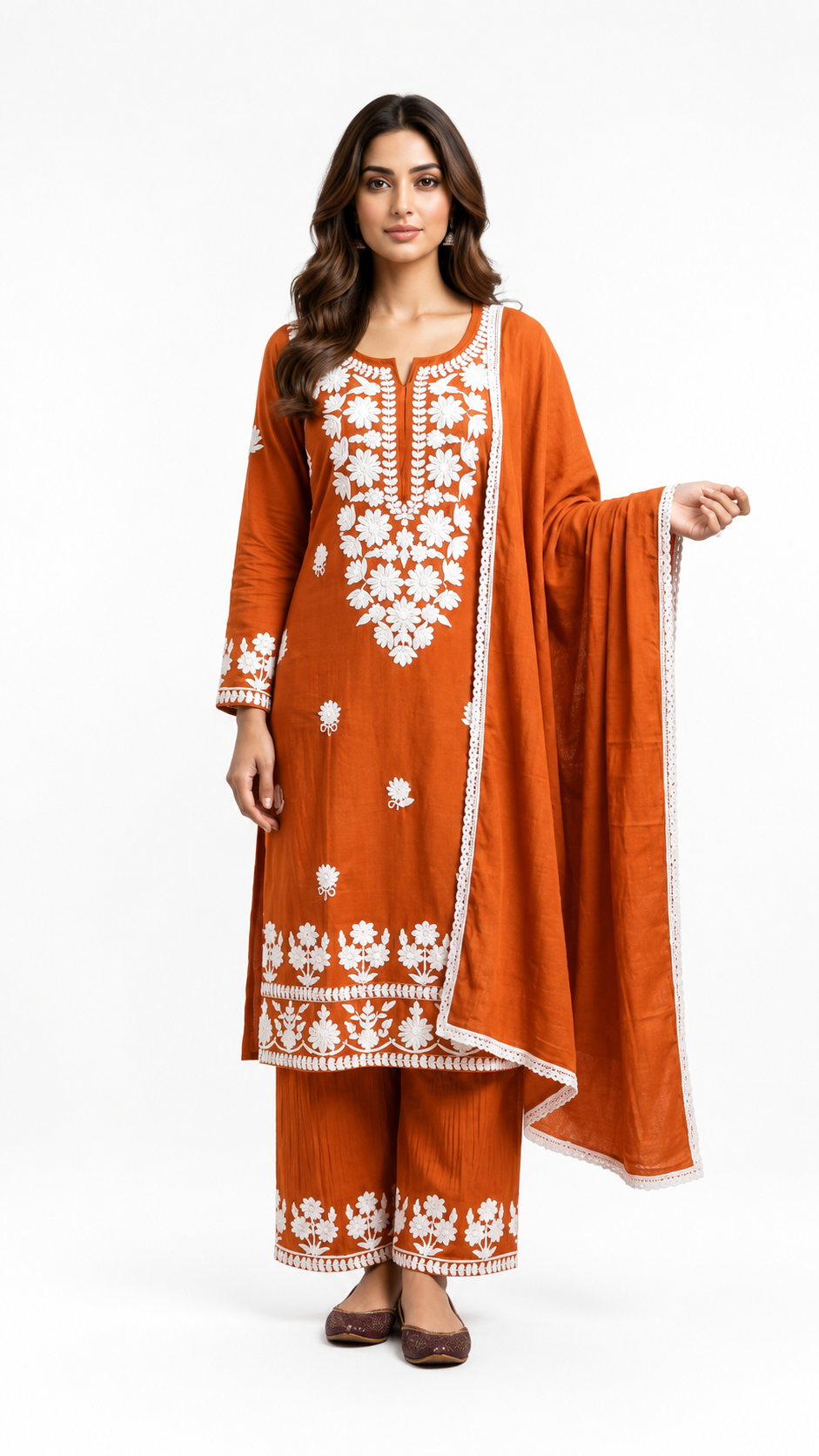 Women's Orange Cotton Chikankari Embroidered Straight Kurta Palazzo & Dupatta Set