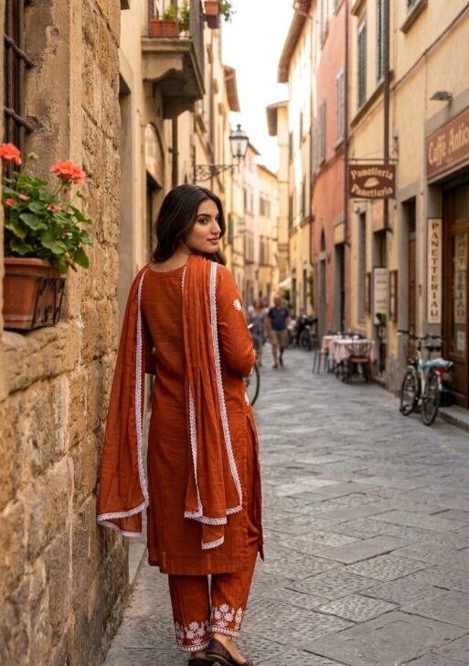 Women's Orange Cotton Chikankari Embroidered Straight Kurta Palazzo & Dupatta Set