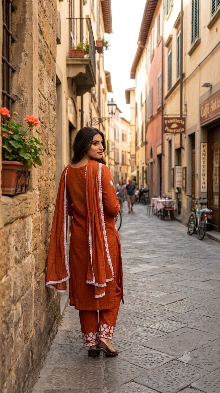 Women's Orange Cotton Chikankari Embroidered Straight Kurta Palazzo & Dupatta Set - Image 1