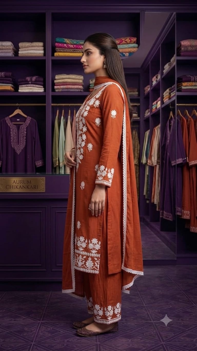 Women's Orange Cotton Chikankari Embroidered Straight Kurta Palazzo & Dupatta Set - Image 3